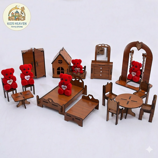 Handmade Wooden Mini Furniture Set for Kids (Bear Family)