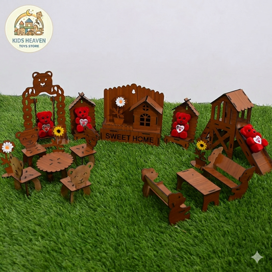 Wooden Teddy Park & Sweet Home Set | Handmade| Mini MDF Dollhouse Furniture Toy